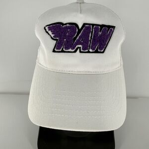 RAW White Trucker Hat Purple Chenille Logo Snapback Mesh Cap